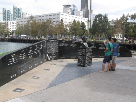 Looking at the memorial with Navy Broadway Complex in background.