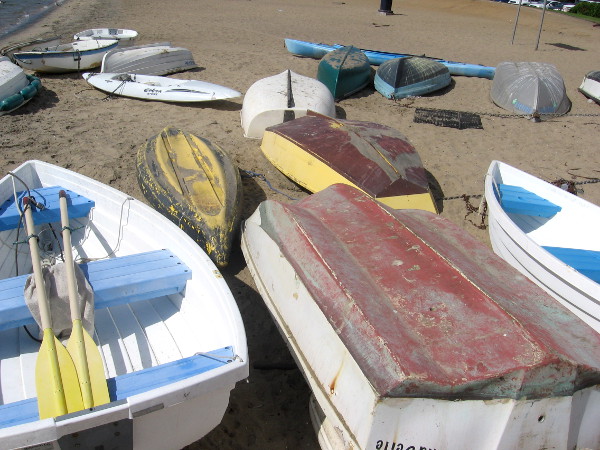 Scattered rowboats and kayaks create a fascinating image.