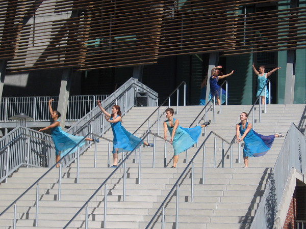 Graceful dancers descend the high stairs in a grand entrance!