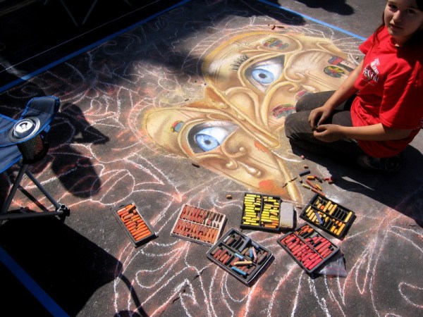 School kids create fantastic chalk art on Little Italy street for 2014 Festa event.