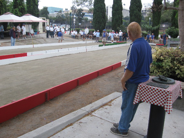 Gentleman leans against checkered tablecloth set with a plate of metal artichokes.