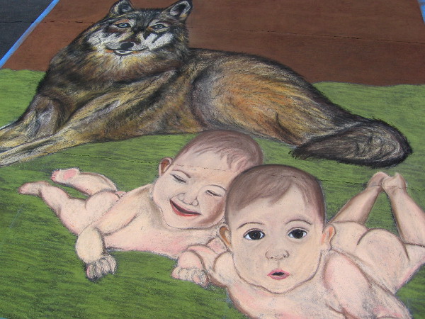 Salgado chalk art shows Romulus and Remus, mythical founders of Rome.