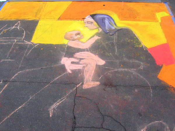 Gary Simpson unfinished chalk artwork of Madonna and child.