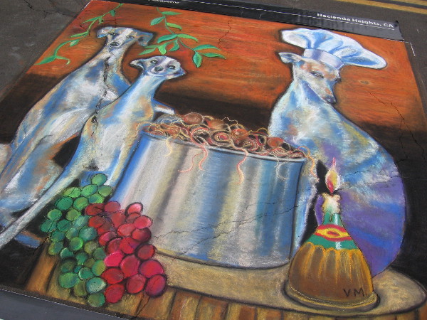 Valerie Michelle awesome chalk art contains grapes and a dog chef!