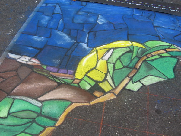 United Souls is creating a colorful chalk mosaic that looks like stained glass.