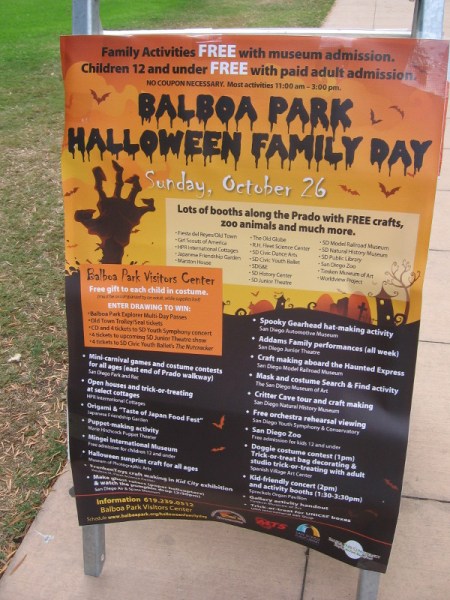 Sign explains Balboa Park Halloween Family Day.