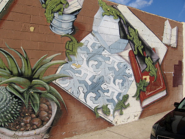 Lizards undergo transformations in a very creative street mural in San Diego.