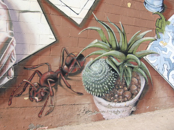 Ant and cacti grown to gigantic proportions beside an ordinary sidewalk.