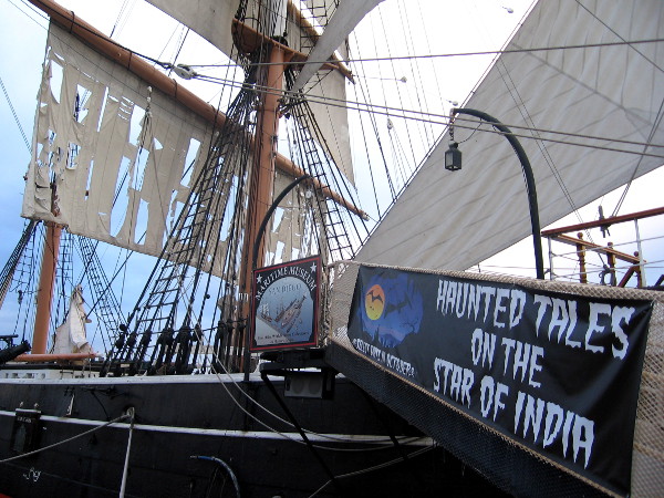 October sign on historic tall ship reads Haunted Tales on the Star of India.