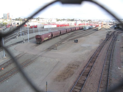 A less tangled photo from the bridge of the nearby train rail yard and tracks.