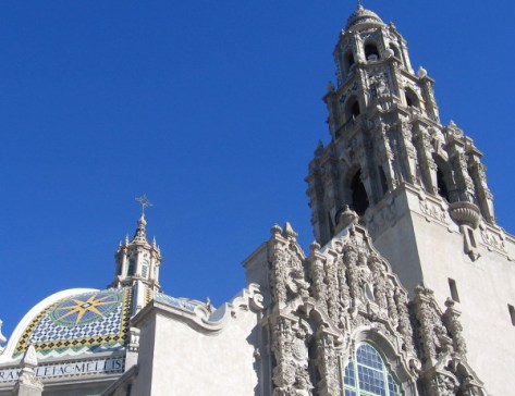 Gazing up at the colorful dome and the California Tower.