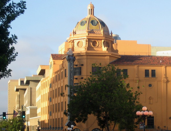 Distinctive dome of the restored Balboa Theatre seen from Broadway.