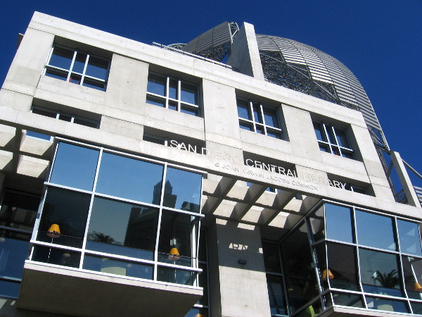 Looking up into the modern library from the southwest corner.