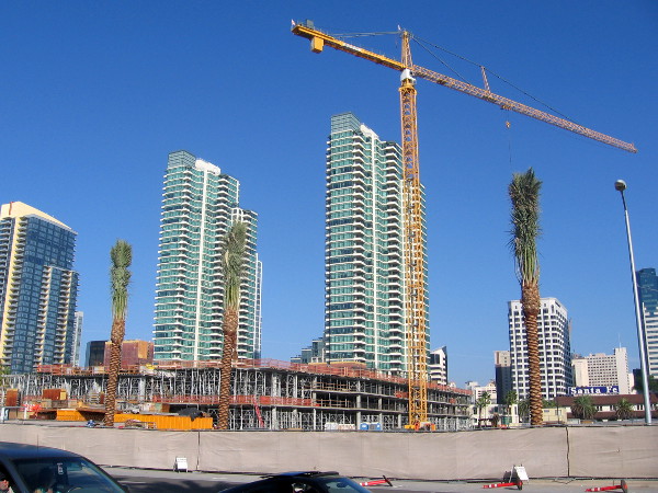 A new hotel is rising across Harbor Drive, at site of old Lane Field, north of Broadway.
