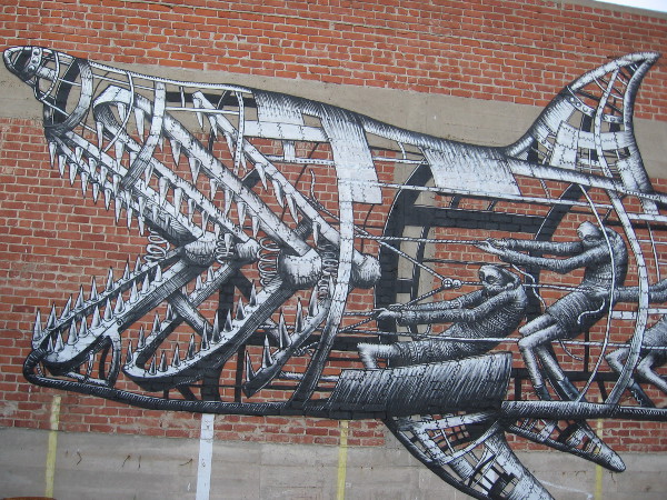 Cool mechanical shark on parking lot wall behind Undisputed Fitness Center in East Village.