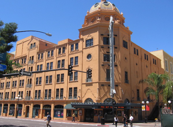The Balboa Theatre stands adjacent to downtown's equally famous Horton Plaza.
