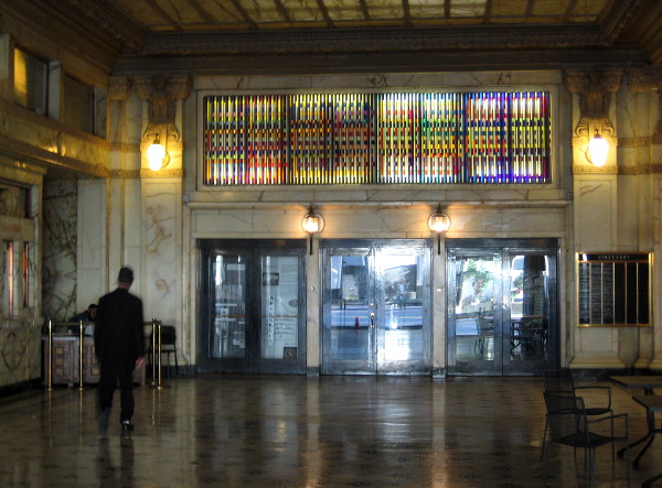 The polished marble lobby of the Spreckels Theater Building.