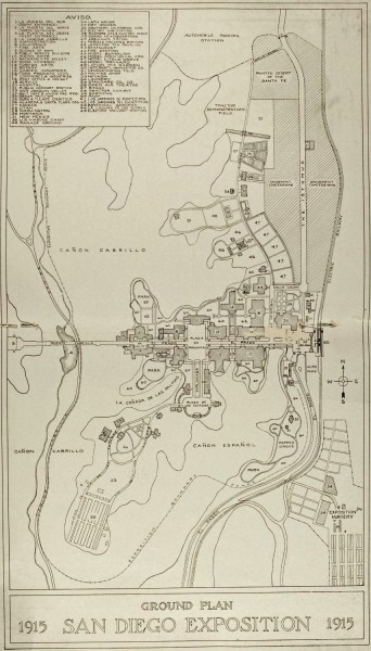 Detailed 1915 map shows Panama-California Exposition ground plan in Balboa Park (originally named City Park).