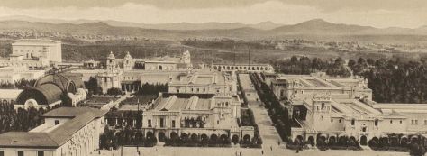Photo taken of Balboa Park in 1915 from the California Tower provides panoramic view of many exposition buildings designed in the Spanish Colonial Revival architectural style.