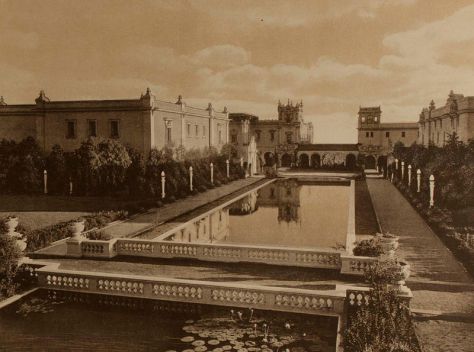View of La Laguna de las Flores, the reflecting pool (or lagoon) at the Panama-California Exposition. This area was called the Botanical Court.