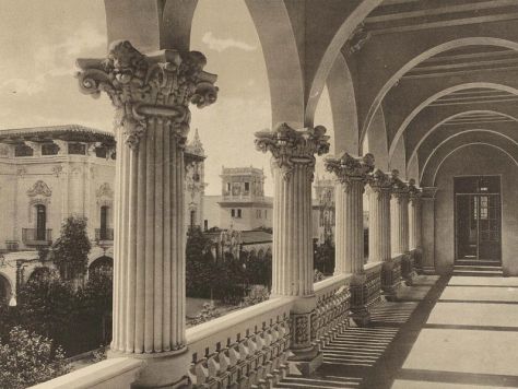 View of tree-lined El Prado from second floor of Varied Industries Building, which is now part of the Casa del Prado.