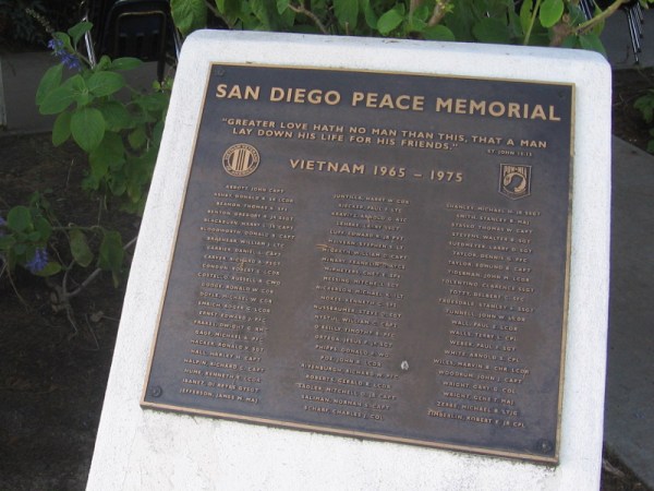 Names of San Diegans who lost their lives fighting the Vietnam War, 1965-1975.