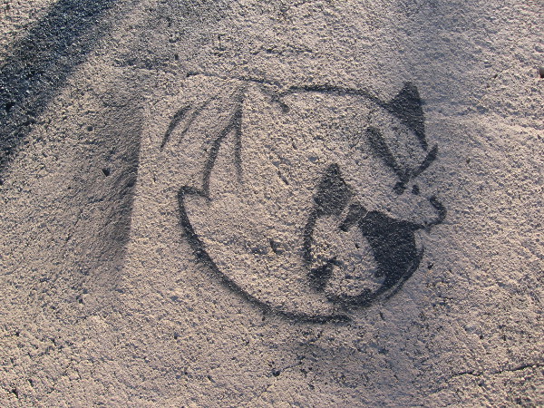 A fierce cartoon cat or devilish creature of some kind.