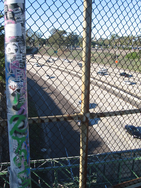Looking down at the freeway where it begins its S-curve through downtown.