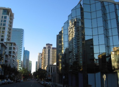 Reflections on a building in downtown San Diego.