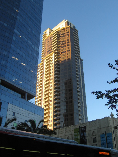Downtown skyscraper reflecting early morning sunshine.