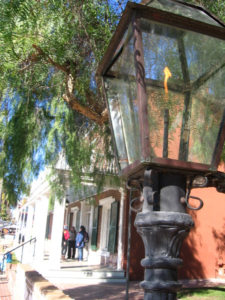 Gazing toward Whaley House past gas lamp on San Diego Avenue.
