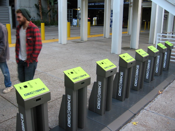 New bike sharing locking docks in East Village just north of Petco Park.