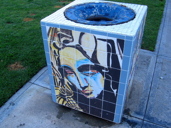 Some cool public art on a trash can in Pantoja Park.