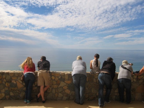 People gaze out at the beautiful sky and ocean from a popular whale-watching point.