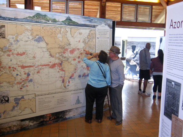 People point out spots on a map of historical whaling grounds.