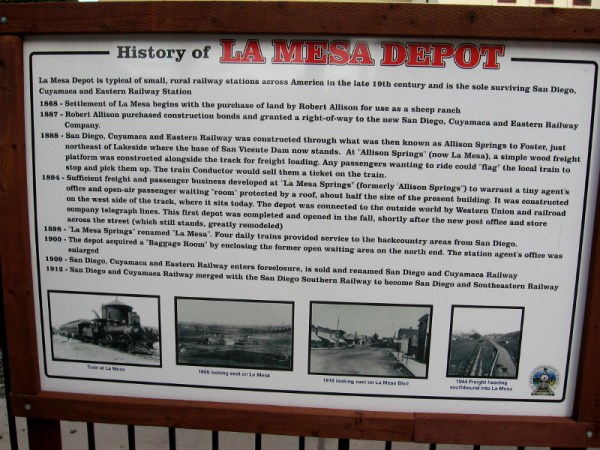 Information sign outlines the early history of La Mesa's train depot.