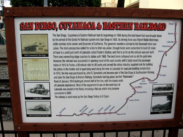 Sign tells complex story of the San Diego, Cuyamaca and Eastern Railroad.