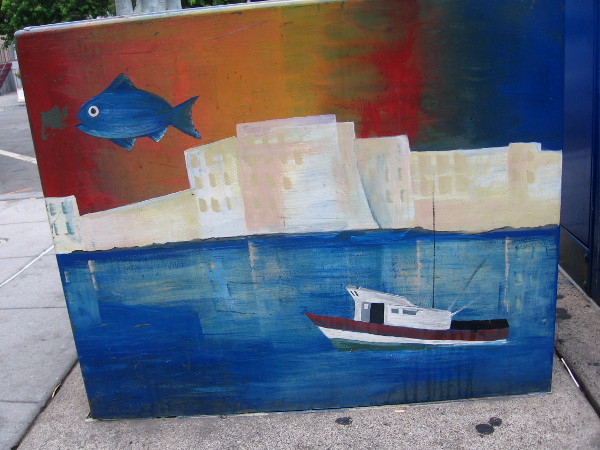 Fish and fishermen are big themes on Little Italy utility boxes.
