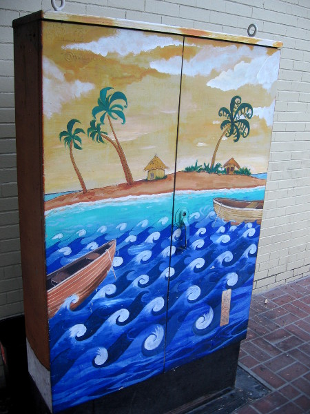 Tropical beach island scene on a fun Gaslamp utility box.