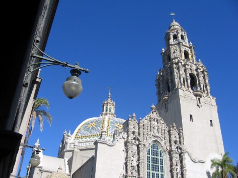 The tower, reopened today to the general public, rises above tiled dome of California Building.