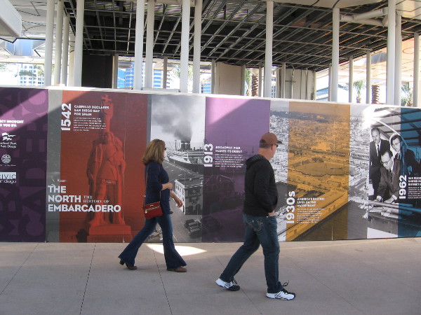 Images around a new pavilion near Broadway Pier show history of the Embarcadero.