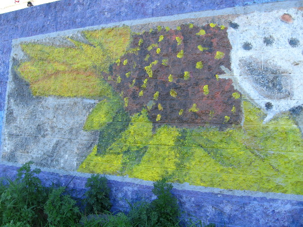 Dreamy yellow sunflower painted on an old wall seen by those who walk along river.