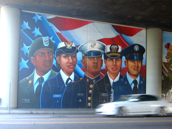 Public art in San Diego honors those who serve in uniform, defending Peace, Liberty, Justice, America , Freedom.