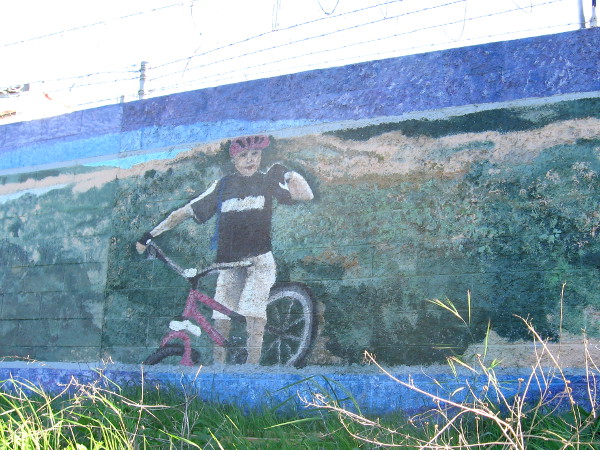 Happy painted bicyclist greets those who travel down San Diego River Trail.