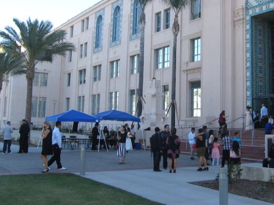People enter and leave San Diego's County Administration Center in bliss.