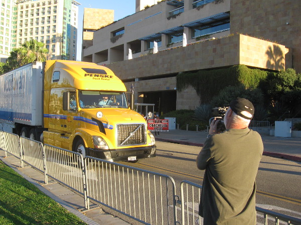 The truck pulls away from Petco Park, heading for the Peoria, Arizona Sports Complex.