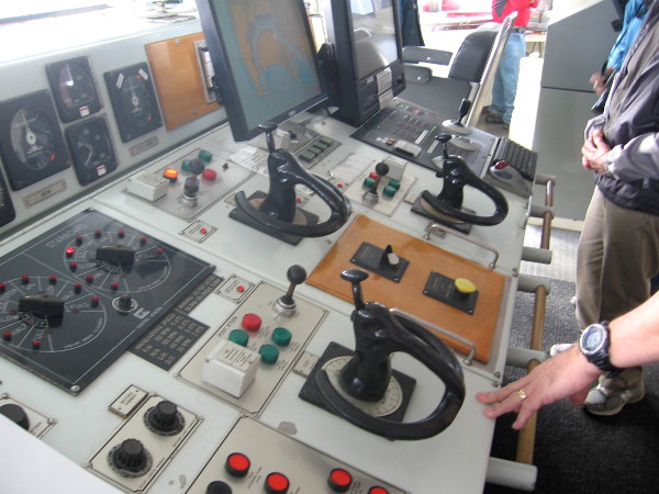 A second photo of the complicated ship control console.