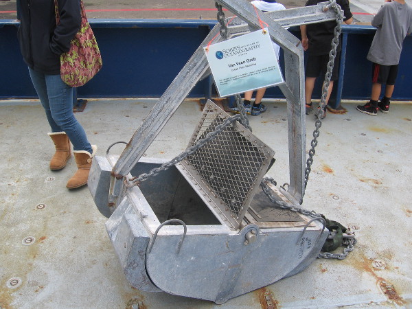 Van Veen Grab for ocean floor sampling. When it hits bottom, the jaws close and grab a sample of sediment, rocks and creatures.