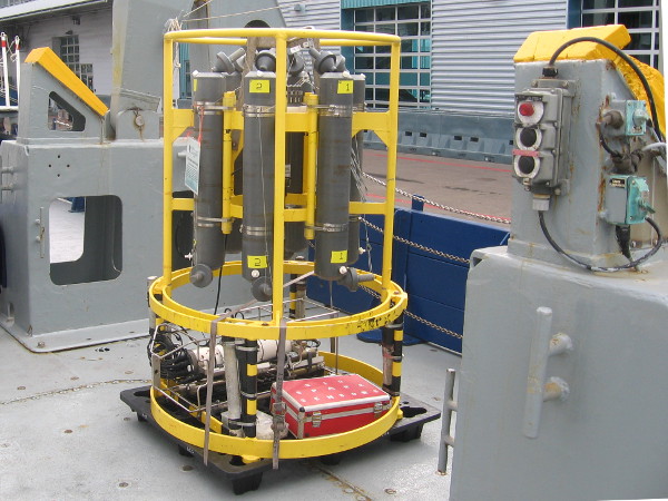 CTD and Water Sampling Rosette measures conductivity, temperature and depth with a variety of sensors. Other chemical and biological parameters can also be measured.