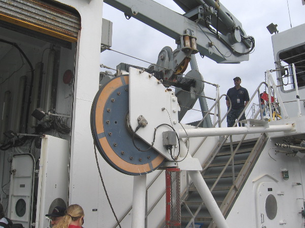 The super strong cable runs from here to one of two A-frames, where equipment can be towed or lowered.